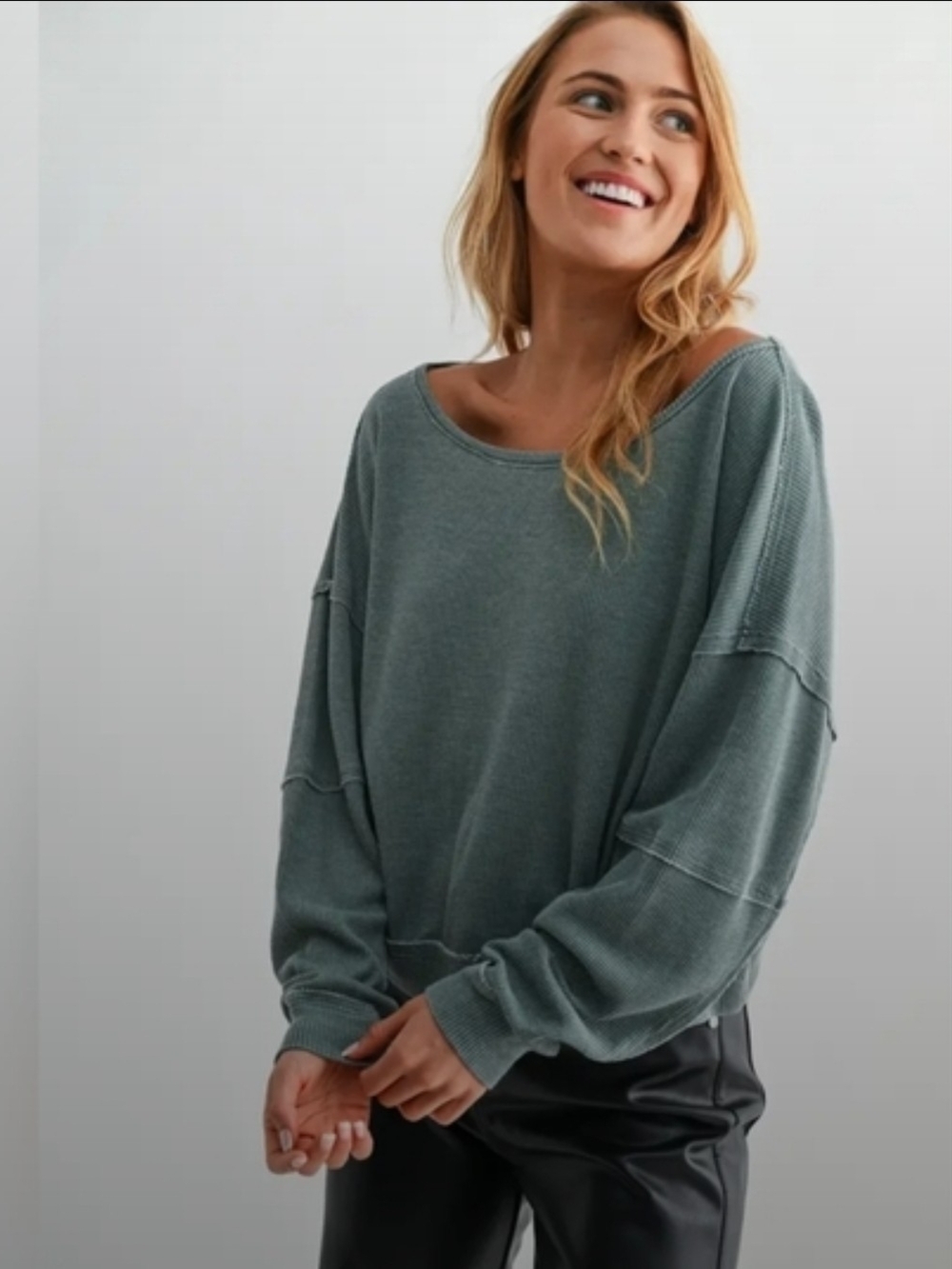 Mono B Relaxed Boatneck Ribbed Top- Sage Green